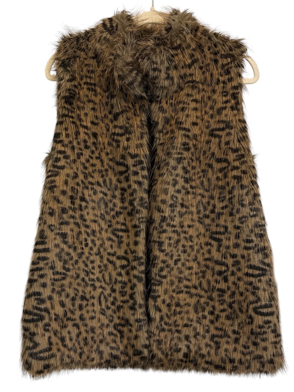 Faux Fur Leopard Print Vest - Brown Black lining front closure women size 6